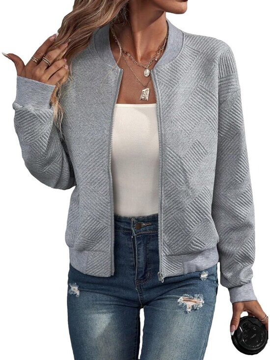 Tops - Women's Grey Ribbed Cuffs Long Sleeve Aviator Baseball Neckline Bomber Jacket